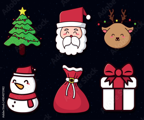 Cute Kawaii Christmas Icon Set with Festive Lights and Characters Vector