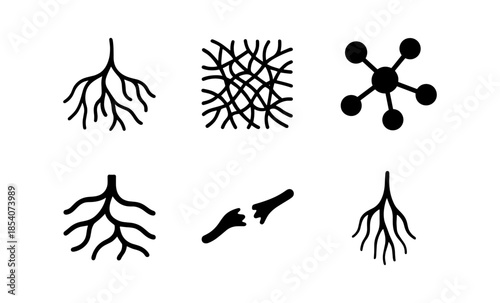 Set of abstract black and white icons representing biological structures and connections