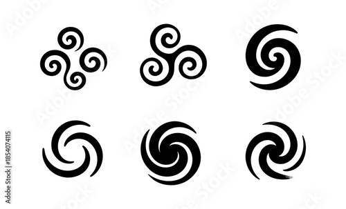 Collection of six black spiral symbols and Celtic triskelion designs on white background