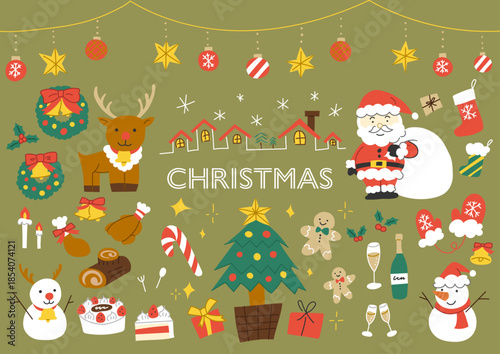 クリスマスのものを集めた手描きの色ベタのカラーイラストセット