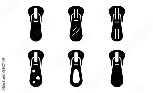 Collection of six black zipper pull icons on a white background
