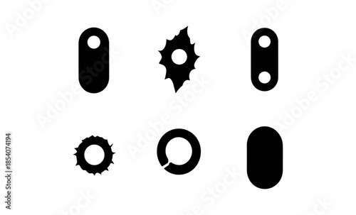 Collection of black bullet hole and abstract shape icons on white background