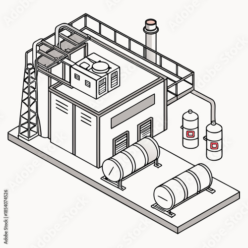 Isometric view of industrial energy plant with pipes and tanks