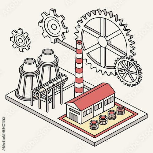 Isometric industrial complex with gears and smokestack