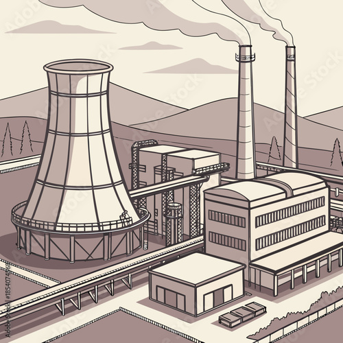 Industrial power plant with cooling tower and smokestacks