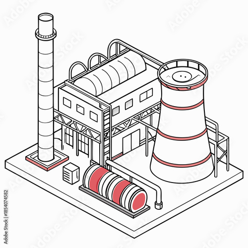 Isometric view of industrial energy complex with cooling tower and smokestack