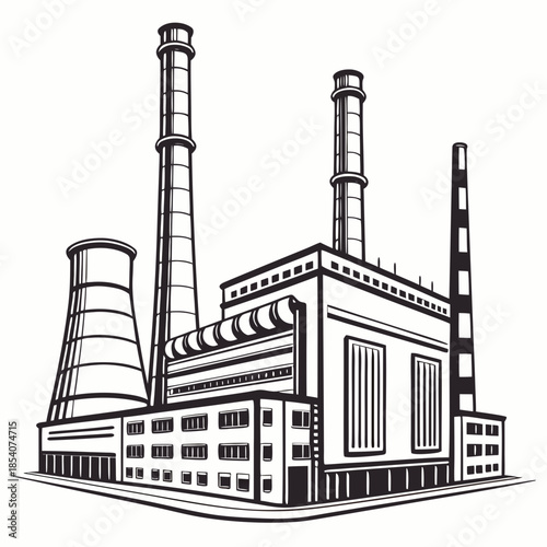 Black and white of a power plant with smokestacks industrial building