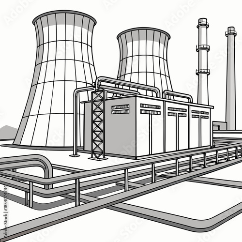 Industrial facility with cooling towers and pipelines