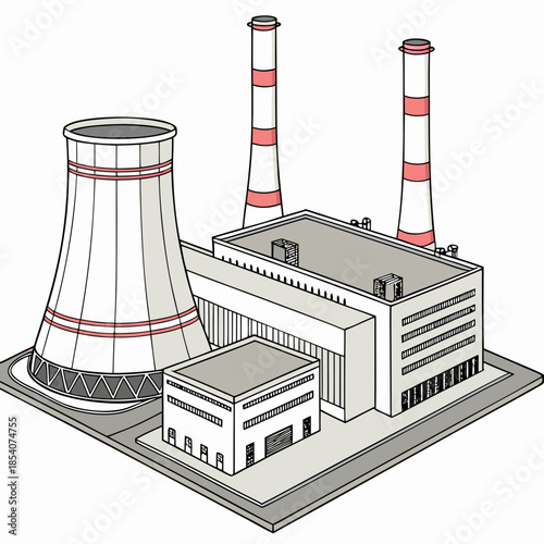 Isometric view of a thermal power plant with cooling tower and smokestacks