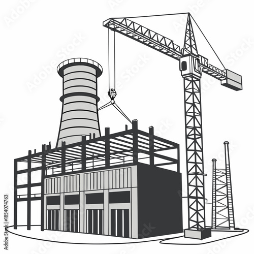 Large industrial building under construction with crane and cooling tower