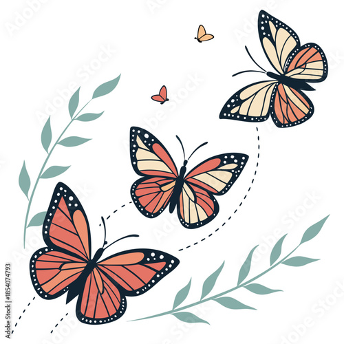 Butterflies appearing weightless in natural motion with leaves