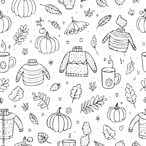 Cozy autumn doodle icons hand drawn leaves pumpkins coffee tea seasonal set warm lifestyle illustration