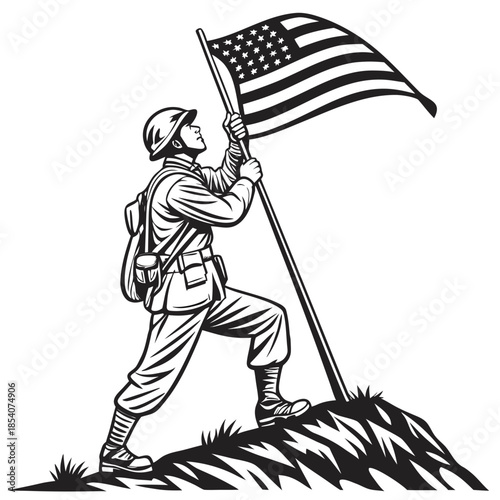 American soldier raising flag on hill american flag