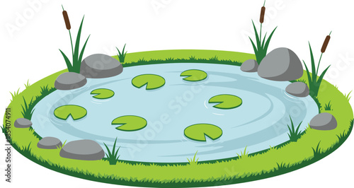Cartoon pond landscape vector illustration with water lilies, reeds, stones and grass for nature and garden design