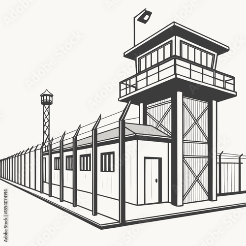 Black and white of a prison with watchtower and fence