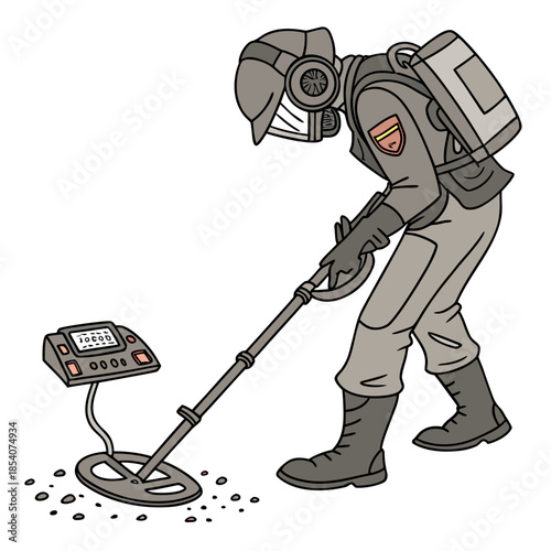 Cartoon hazmat diver using metal detector gray