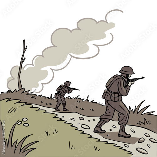Soldiers in combat gear advancing on a dirt path with smoke in background