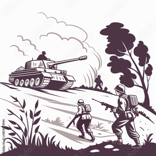 Soldiers advancing with tank in background military