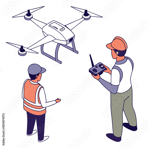 Drone operator and assistant with remote control construction worker