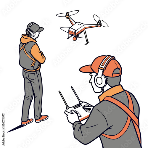 Men operating drone with controller and headset remote control