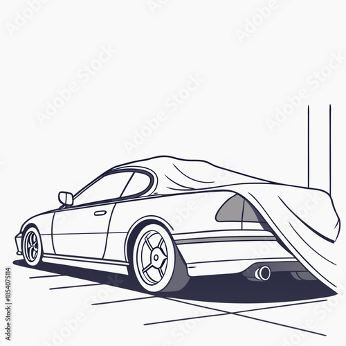 Car covered with a cloth in a parking lot vehicle covered car