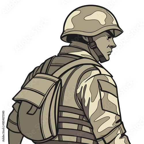 Soldier in camouflage gear and helmet military backpack