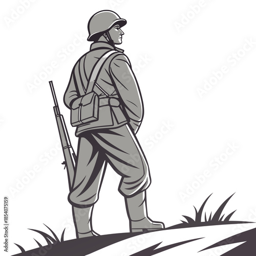 Soldier standing on hill with rifle and backpack military