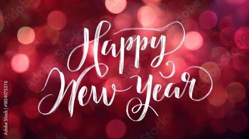 Elegant white calligraphy text happy new year overlay on a festive blurred red bokeh background with glowing lights