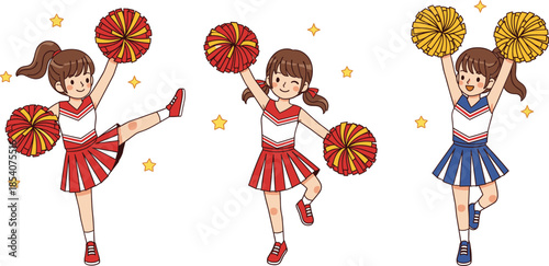 Cheerleader kids vector illustration set with girls performing cheerleading dance moves using pom poms