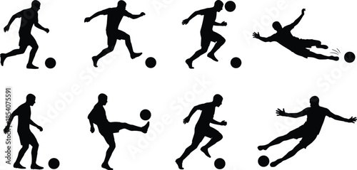 Soccer player silhouettes collection, football action poses isolated on white background, athletic sport movement illustration set for game design vector bundle