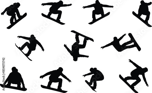 Snowboarder silhouettes set, winter extreme sports action poses, aerial jumps flips tricks, snowboarding freestyle athlete motion, vector illustration isolated background