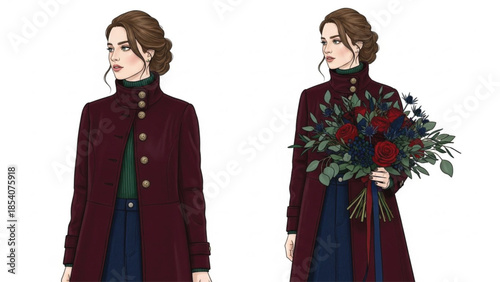 Winter Elegant Fashion Illustration of Woman in Burgundy Coat with Floral Bouquet on White Background