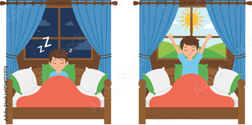Child sleeping at night and waking up in morning vector illustration set showing daily routine concept