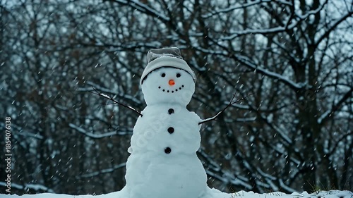 Smiling Snowman Stands Proudly in a Moonlit Blue Winter Forest Scene