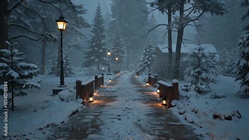 Snowy Forest Path Lined with Flickering Torches Under Evening Twilight Sky