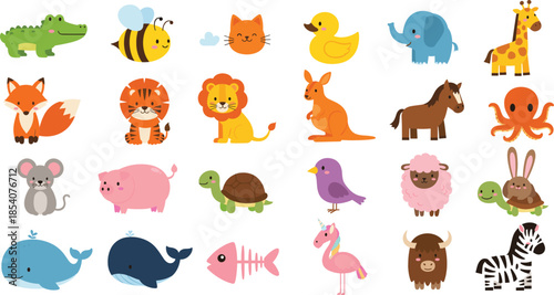 Cute cartoon animal vector illustration set with wild, farm and sea animals in colorful flat style