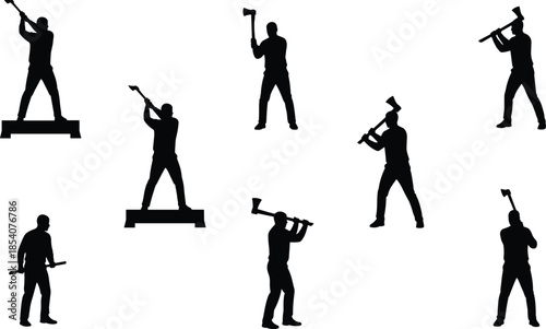 Woodcutter axe worker silhouette set showing lumberjack chopping and standing poses isolated on white background illustration forestry labor concept