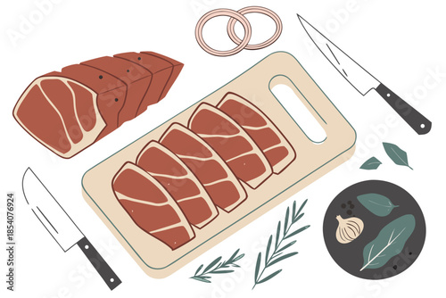 Raw Meat Food Prep Layout  Vector Illustration  Wh