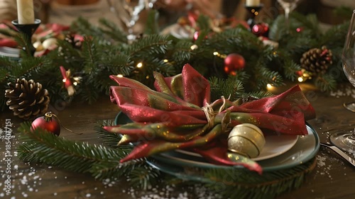Warm Christmas Table Arrangement with Pine Cones, Red Ribbon, and Golden Accents