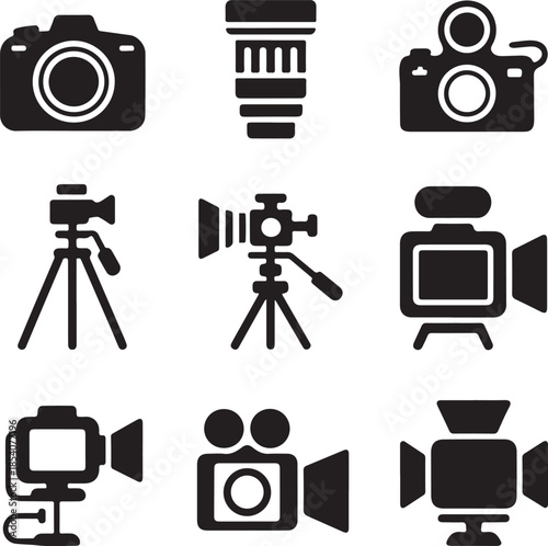 Camera icon, photography equipment, video production, digital lens, tripod stand, movie recording, studio light, film camcorder