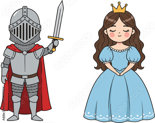 Cute cartoon knight in full silver armor with sword and beautiful princess in blue gown isolated on white background.
