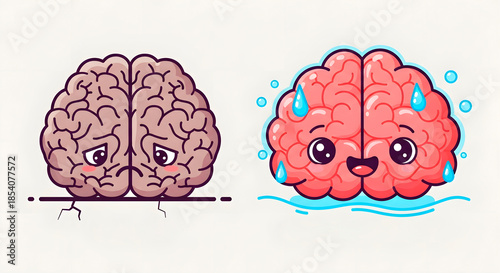 Sad brain with low water level and happy brain fully hydrated. Hydration concept for healthy mind and good mood. Educational illustration