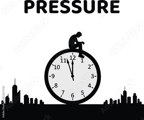 Conceptual Silhouette of a Stressed Man Sitting on a Giant Clock Under Pressure, Symbolizing Deadlines, Time Management, and Work Stress in the City.
