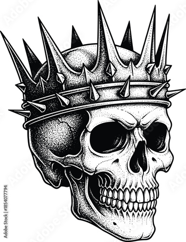 skull, crown, king, spiked, stippled, gothic, vector, stippling, dotwork, royalty, skeleton, tattoo, death, artistic, dark, skull crown, spiked king, flat vector, cad drawing, black white, stipple art