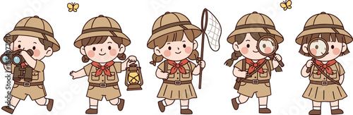 Cute explorer kids vector illustration set with children wearing safari outfits and adventure tools in cartoon style