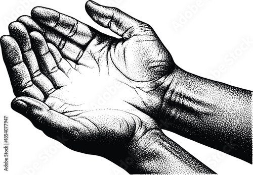 Cupped human hands held together with stipple grain texture, black white sketch, cad drawing flat vector illustration, hope and support.