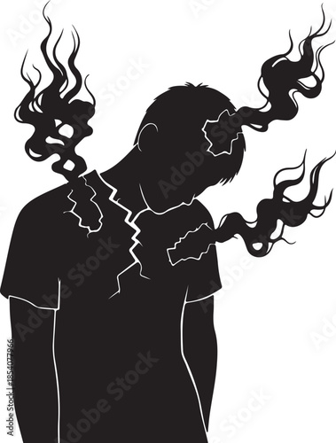 Conceptual Silhouette of a Broken Man with Smoke Exhausting from Body, Symbolizing Burnout, Mental Pain, Soul Trauma and Emotional Exhaustion.