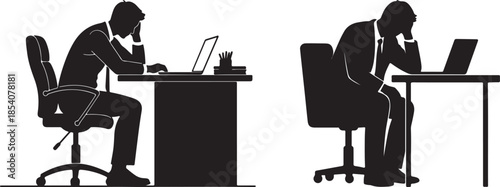 Stressed Businessman Silhouette Set, Tired Office Worker Sitting at Desk with Laptop, Concept of Burnout, Depression and Work Pressure.