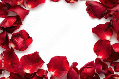 Vibrant deep red rose petals gracefully frame clean white copy space on transparent background