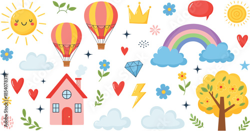 Cute fantasy icons vector illustration set with rainbow, house, hot air balloons, sun, clouds and decorative elements